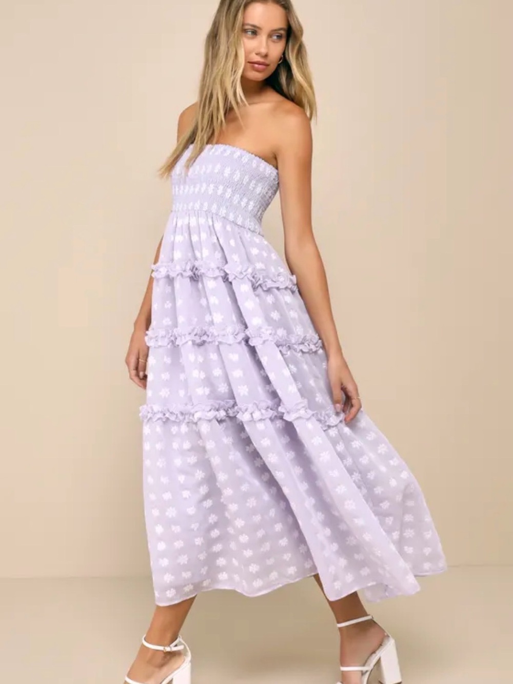 Lulu's Lavender Strapless Tiered Maxi Dress